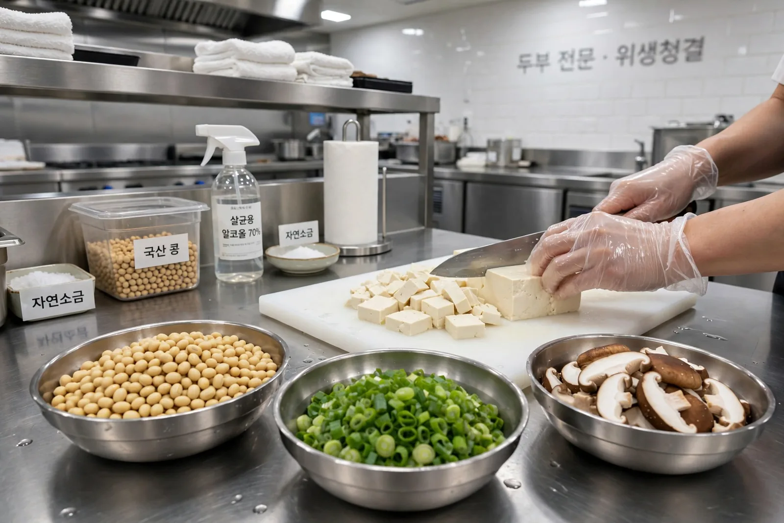 주방에서 두부를 자르는 모습